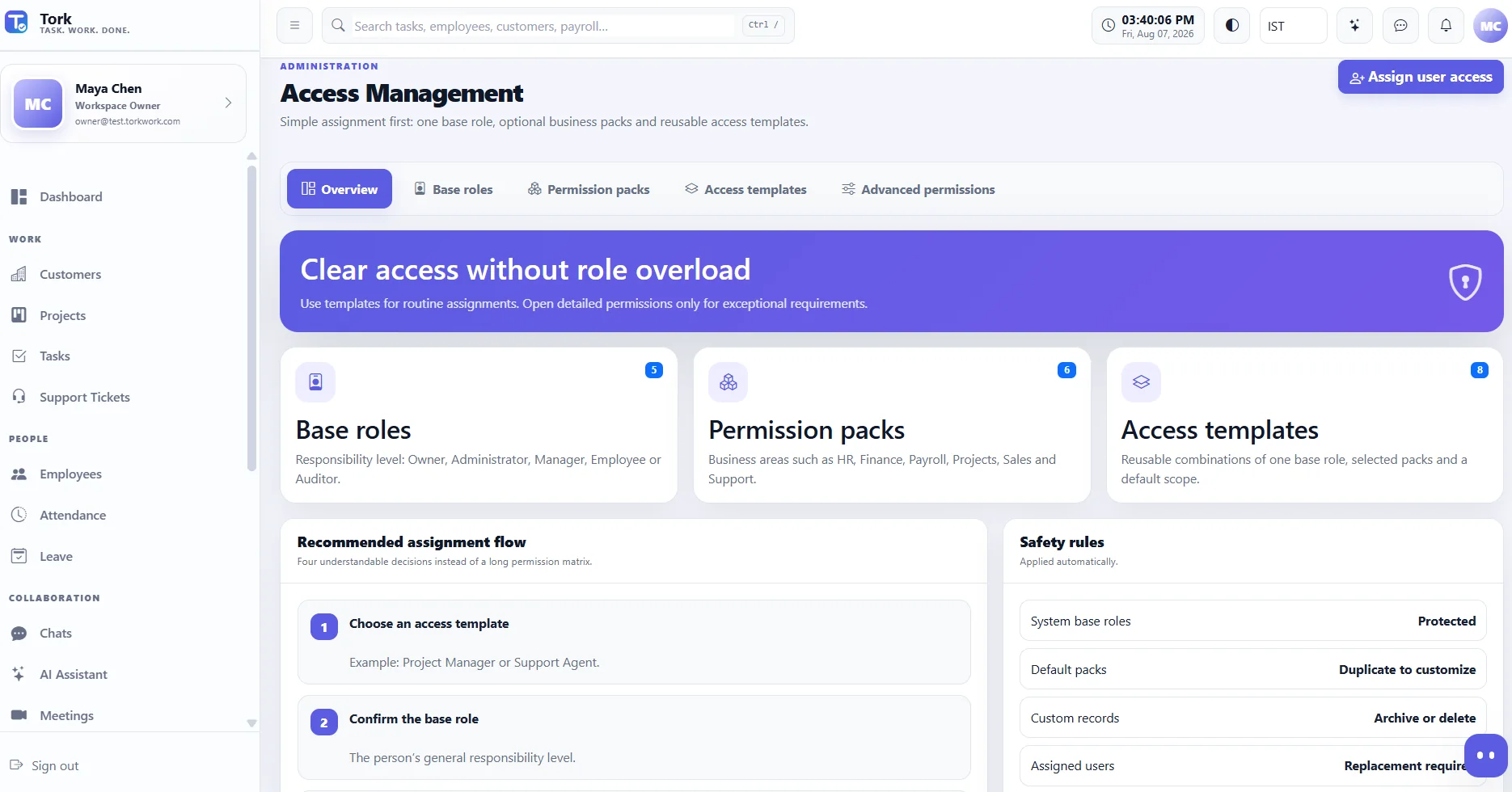 Tork access management screen using demo data