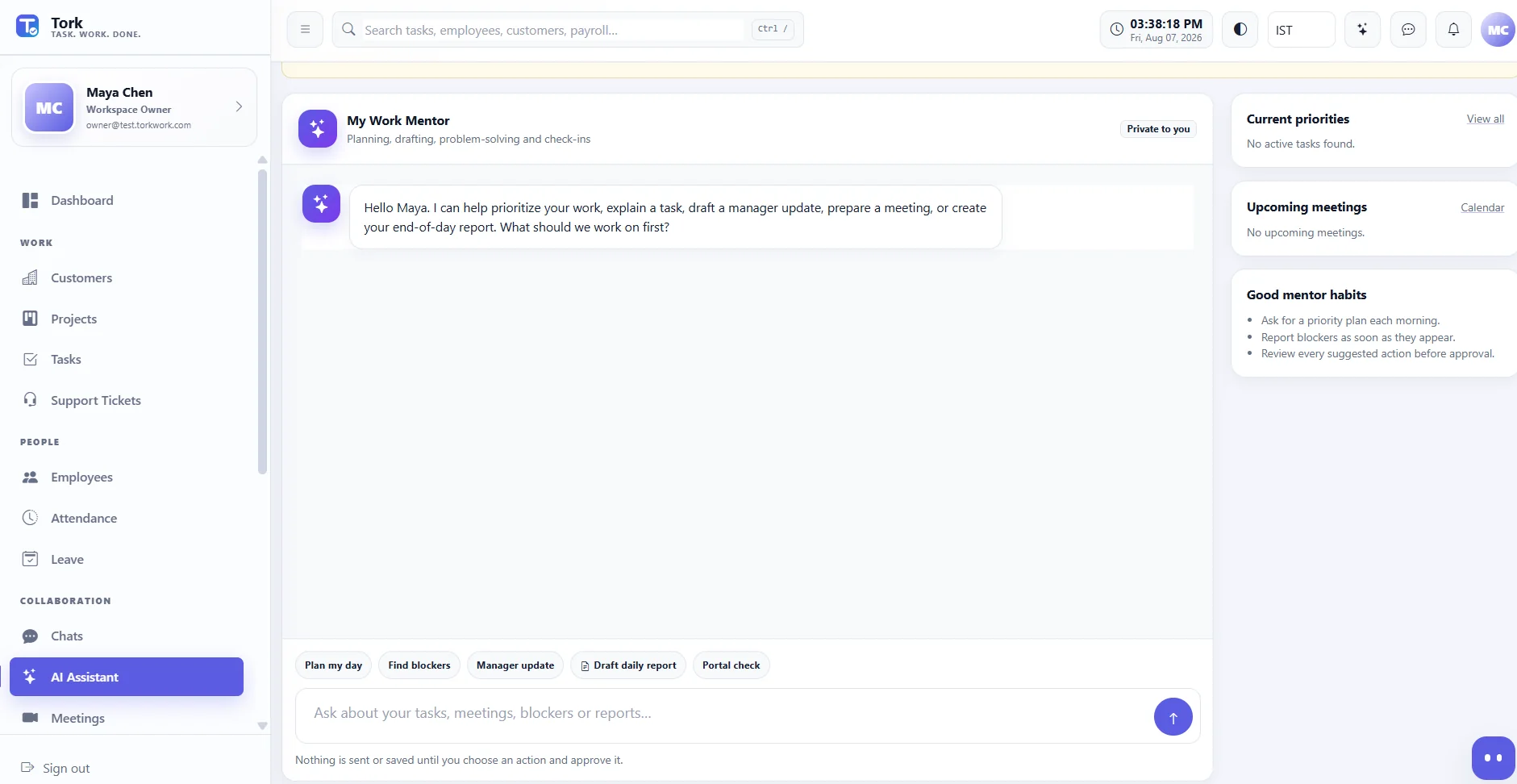 Tork AI Assistant screen using demo data
