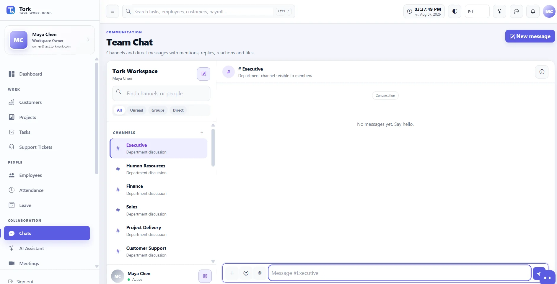 Tork team chat using demo data