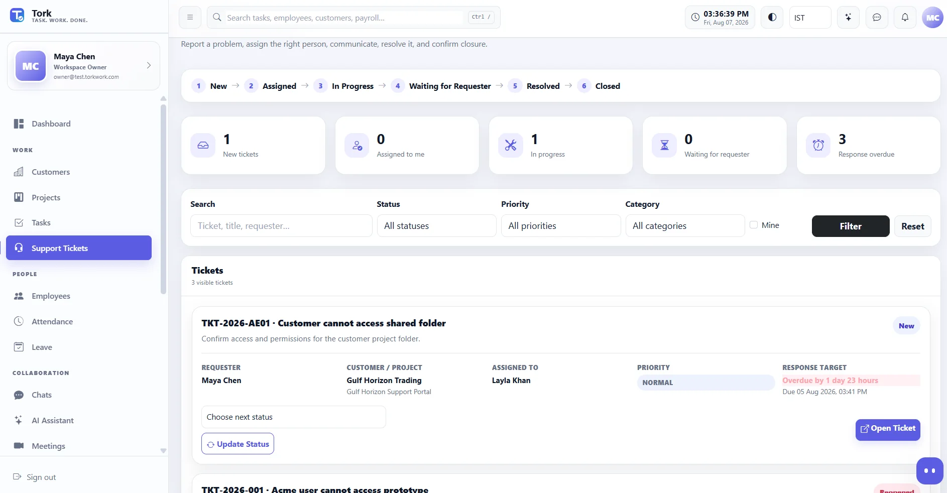Tork support tickets screen using demo data