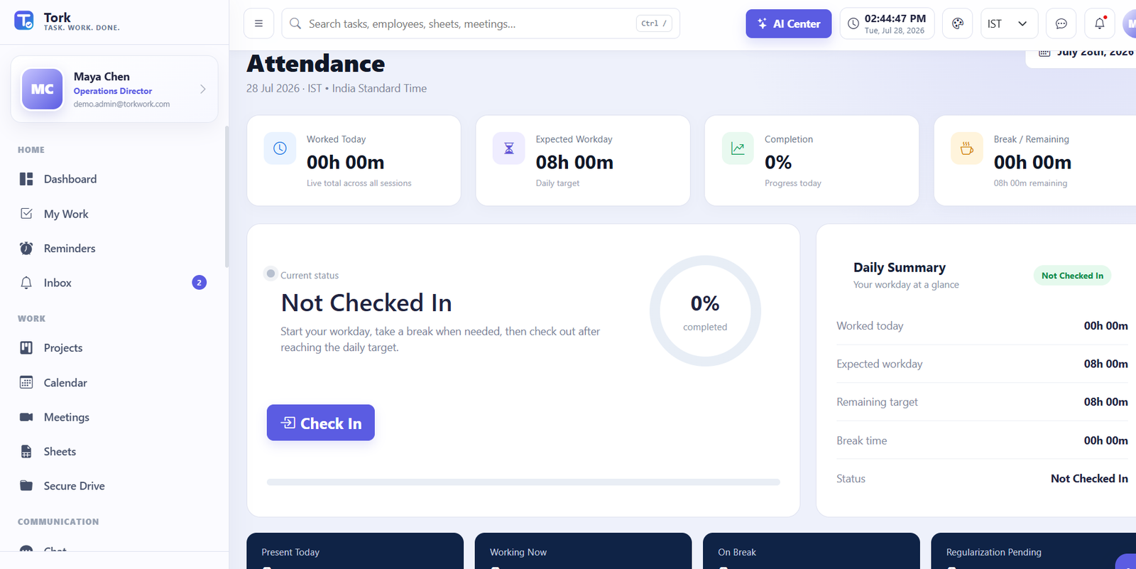 Tork attendance and daily summary view