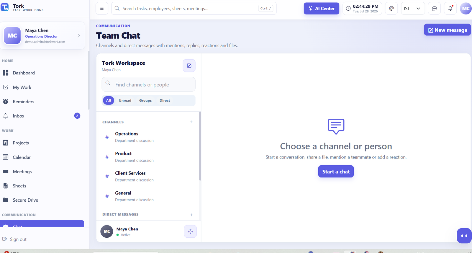 Tork team chat workspace