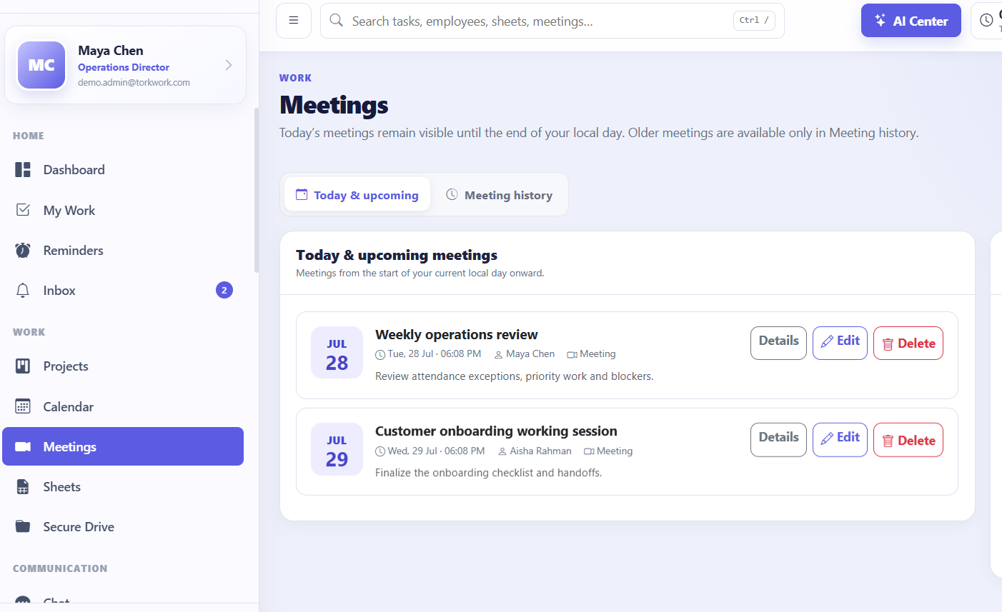 Tork meetings and upcoming sessions view